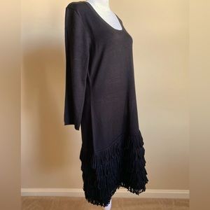 Calvin Klein rich black sweater dress, scoop neck, bottom fringe, large
